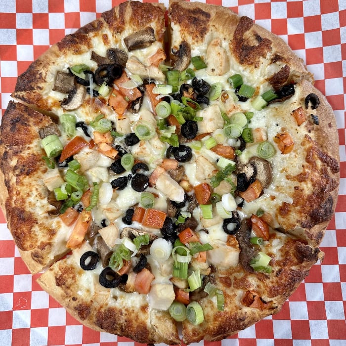 Chicken Alfredo Pizza.